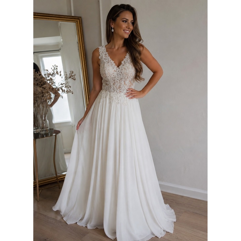 JVN Jovani Formal Gown 2 White Lace Embellished Chiffon Maxi Dress Illusion Back